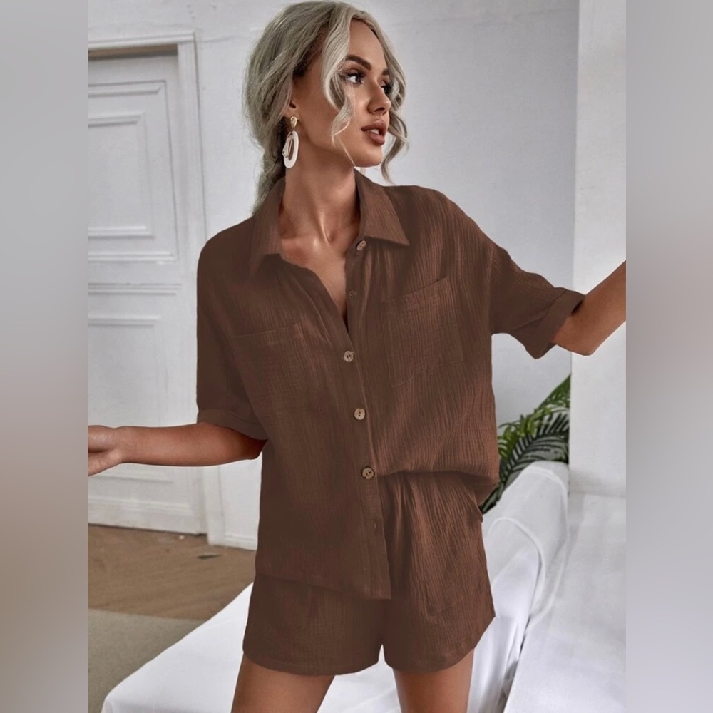 Drop Shoulder Dual Pocket Shirt & Short Set